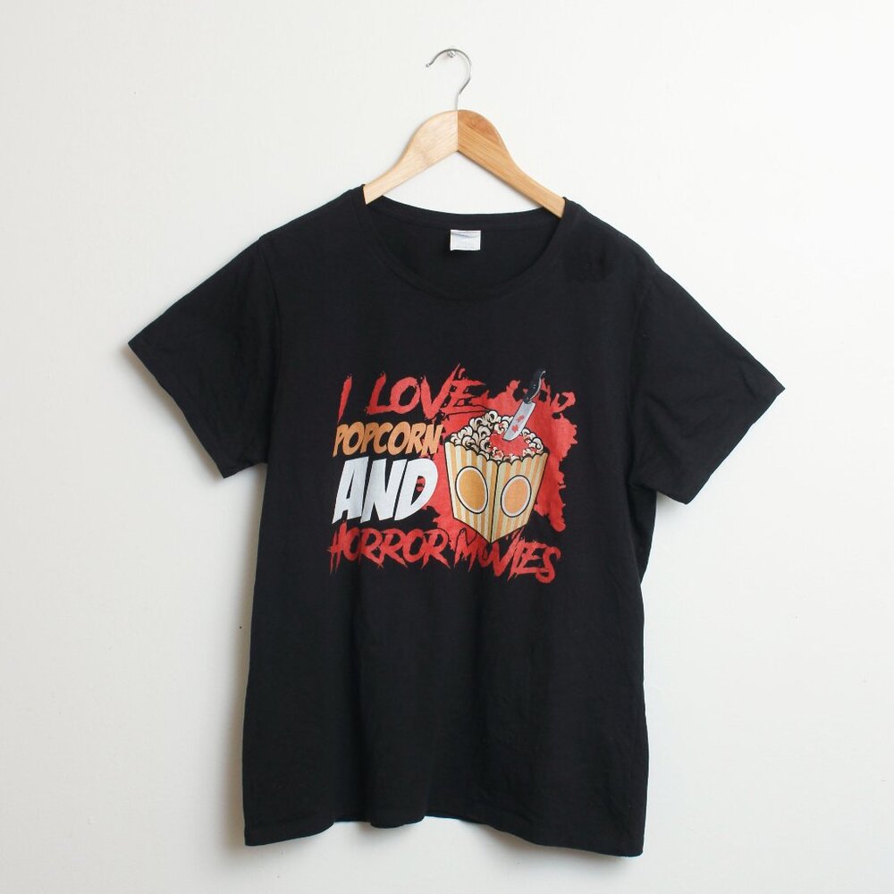 Horror Shirt Youth XL Black I Love Popcorn & Horror Movies (Youth)